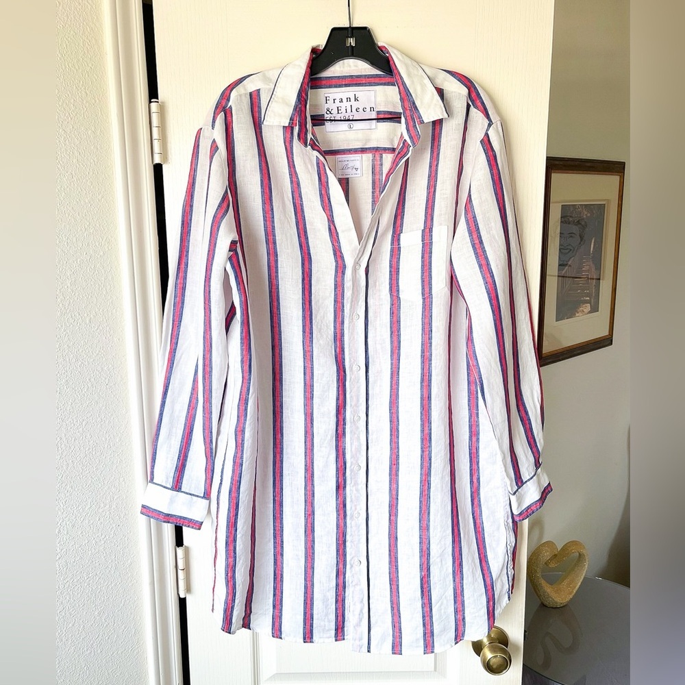 Frank & Eileen Mary Linen Shirt Dress Mini Red Navy White Stripe Large EUC - Picture 2 of 8